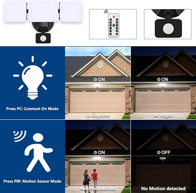 EMANER Motion Sensor Flood Lights Outdoor, Dimmable Security Light, Warm to Daylight White 3000K/5000K/6500K, 28W 120V Remote Wall Light for House Garden Front Door (Black, 2Pack)