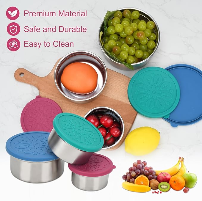 304 Stainless Steel Snack Containers, 3pcs Food Storage Containers with Leakproof Silicone Lids Lunch Box Dressing Containers for Condiments Dishwasher & Freezer Safe