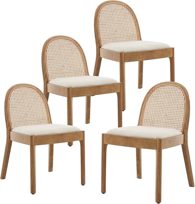 HEAH-YO Rattan Dining Chairs Set of 4, Upholstered Sherpa Dining Room Chairs with Backrests, Modern Kitchen Chairs with Wood Legs for Dining Room, White