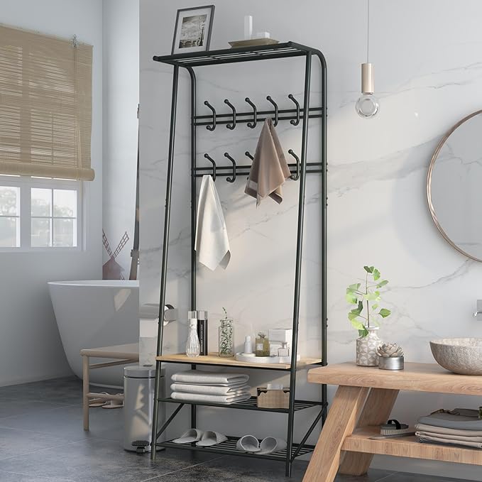 MDF Hall Tree with Bench, 4-in-1 Entryway Coat Rack with Storage Shelf & Shoe Organizer, Sturdy Freestanding Furniture for Living Room, Bedroom, Mudroom