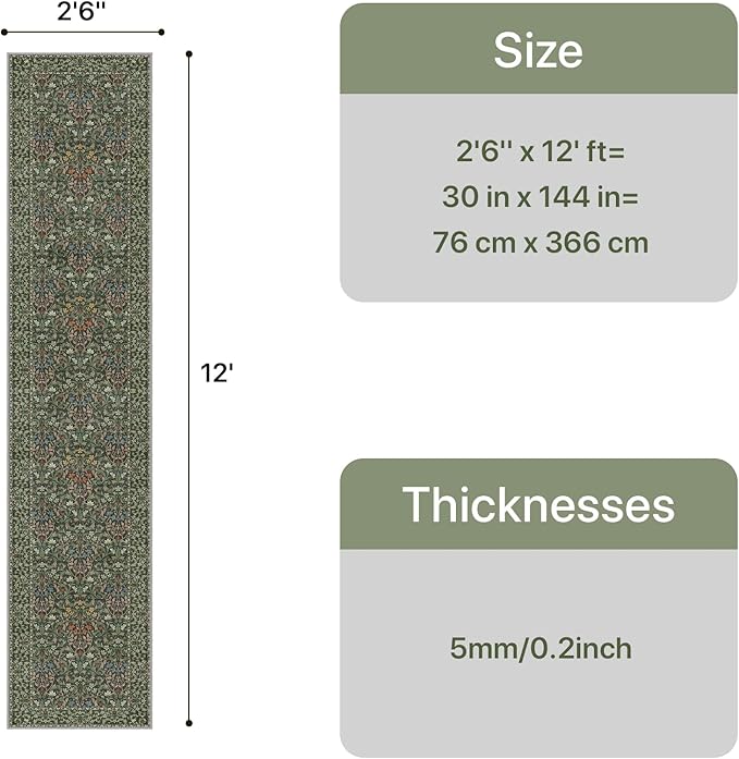 GENIMO Floral Washable Runner Rug 2’6”x12’, Non-Slip Long Hallway Carpet for Entryway, Kitchen, Indoor Floor Use, Vintage Boho Soft Thin Rug Décor, Emerald Green