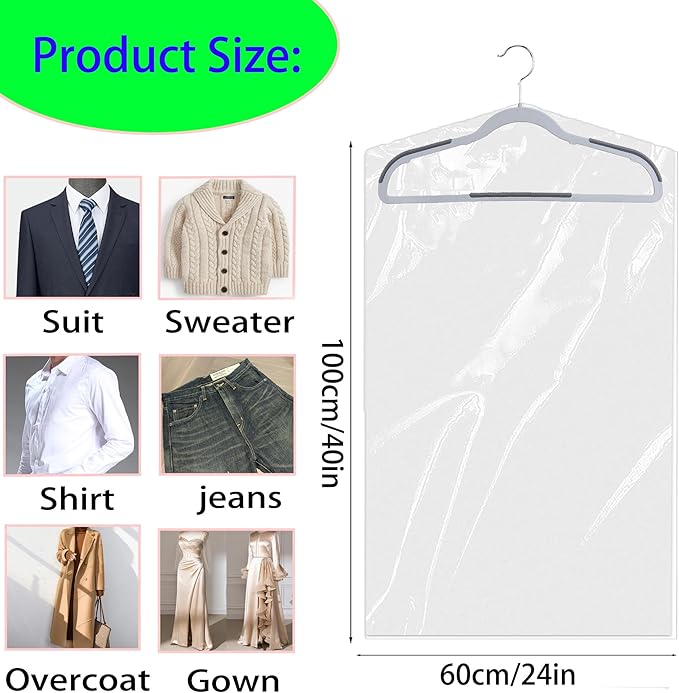 15 Pack (24 x 40 In) Plastic Clear Clothes Covers,Dry Cleaners Bags Hanging Clothing Covers Clear Garment Bags Hanging Dust-proof Clothing Protector Covers for Home Storage Clothing Stores & Travel.