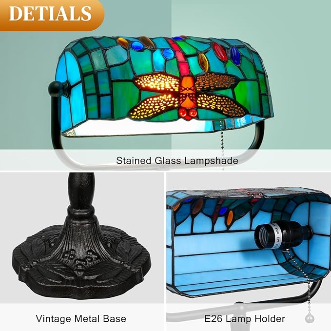 Vintage Tiffany Style Bankers Lamp - Stained Glass Desk Lamp with Pull Chain, Dragonfly Design Table or Desks Light LED Bulb Included, Bankers Desk Lamps for Office Living Room Study Room