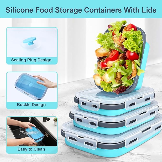 Collapsible Silicone Food Storage Containers with Lids, Collapsible Food Storage Containers, Camping Dishes, 4 Pack Foldable Lunch Box for Leftovers, Meals, Snacks, Dark Blue