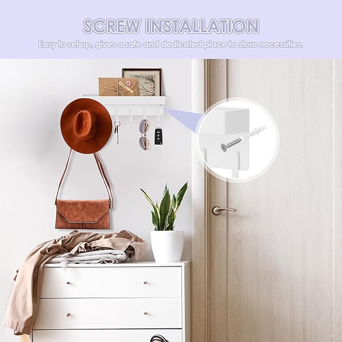 VIS'V Key Holder Wall Mount, Compact Adhesive Key Rack with Tray, 6 Hooks, 2 Mount Options, White