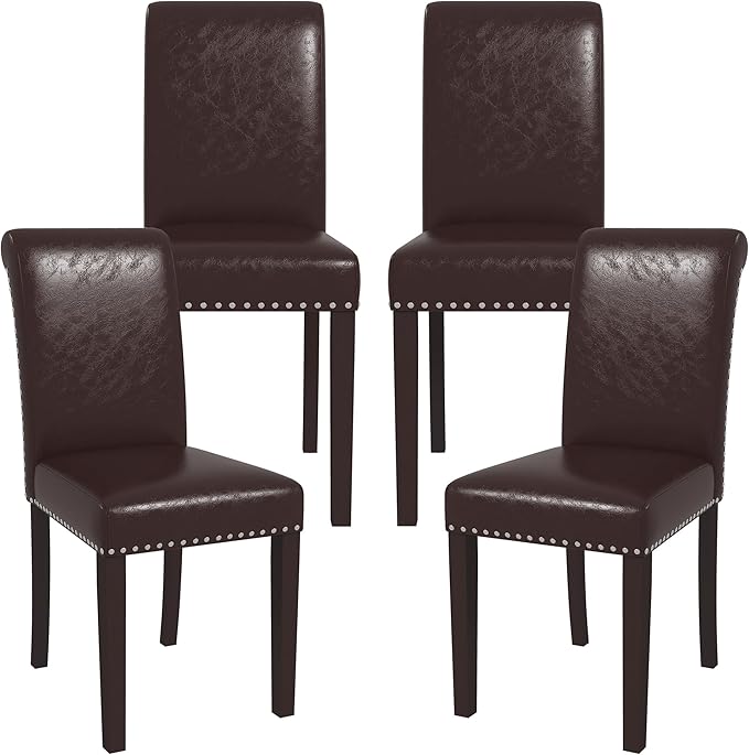Westice Dining Room Chairs Set of 4 Upholstered PU Leather Kitchen Chairs Dining Room Side Chair with Nailhead Trim and Rubber Wood Legs for Small Space Apartment, Brown