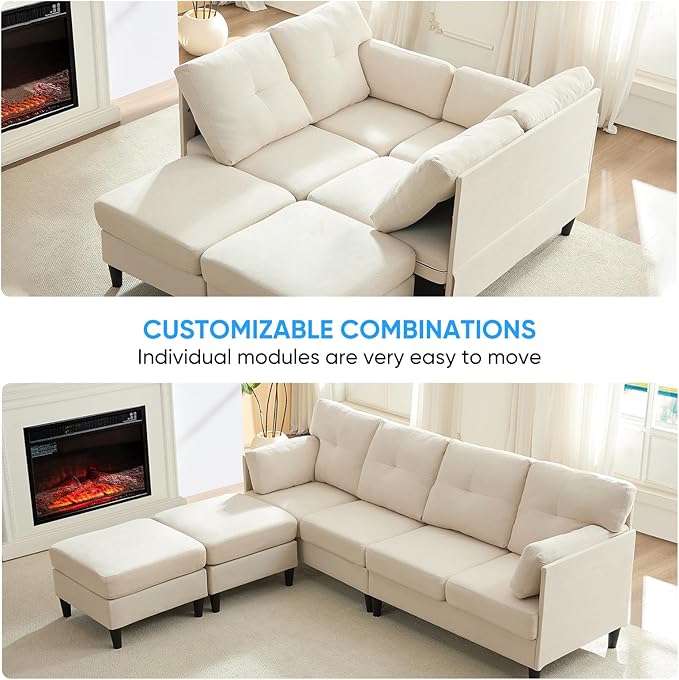 PUREMIND Sectional Home Sofa Living Room, Modern U-Shaped Sofa Couches with Double Chaise, Upholstered 4 Seater Sofa for Living Room, Apartment, Beige