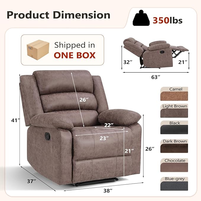 ANJ Recliner Chair, Overstuffed Manual Living Room Reclining Chair in Breathable Faux Leather