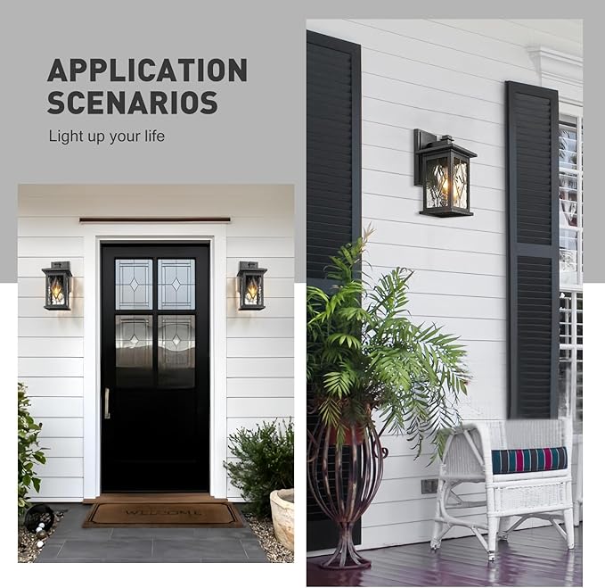 Emliviar 2-Pack Outside Light Fixtures, 12 Inch Exterior Lights for House, Black Finish with Water Grain Glass, 1803EW1-2PK-SD BK
