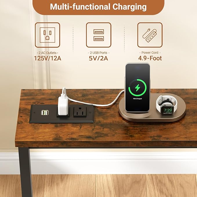 63 Inch Narrow Console Table with 2 Power Outlets, Behind Couch Table with Charging Station, Small Space Sofa Behind Table for Living Room, Entryway, Hallway, Rustic Brown
