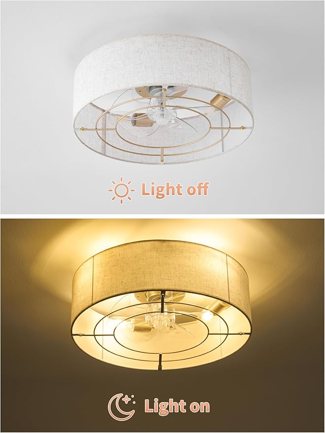 Ceiling Fans with Lights, 20" Boho Ceiling Fan with Light Flush Mount, Drum Rattan Low Profile with 6 Speeds, Remote Control for Bedroom, Nursery, Living Room