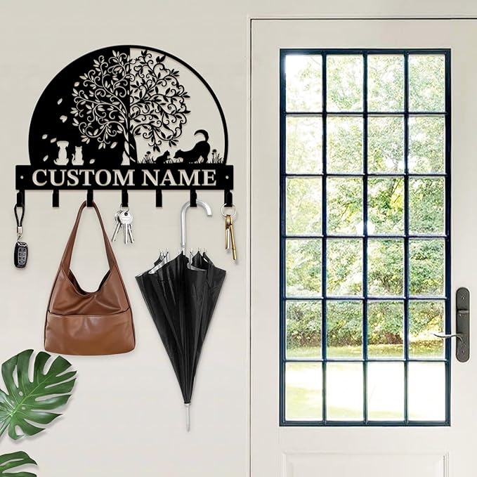 Life Tree Key Hook - Customized Metal Wall Organizer with Name Engraving, Black Iron Home Decor for Themed Collectors (Style B)