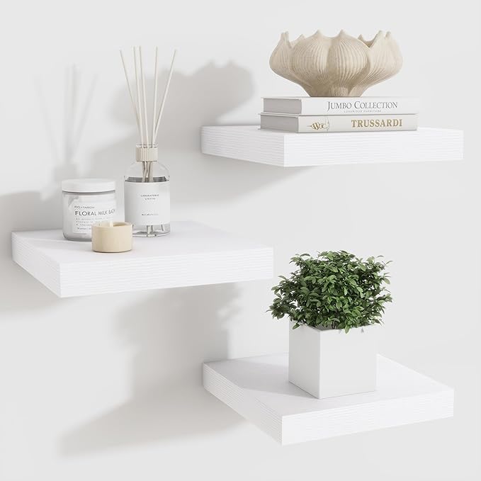 Fun Memories Floating Shelves for Wall - 7.5 Inch Square Shelves with Invisible Brackets, Small Wall Shelf for Living Room, Bathroom, Bedroom, and Kitchen Decor，White Set of 3