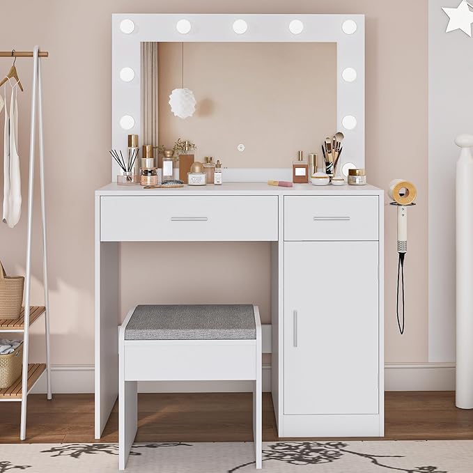Makeup Vanity with Stool, Large Drawer and Power Socket with 11 Light Bulbs and 3 Adjustable Lighting Modes, Vanity Table for Bedroom (White)