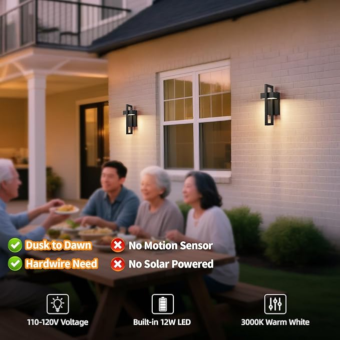 tewei LED Outdoor Wall Sconce Dusk to Dawn Outdoor Lighting, Modern Exterior Lighting Fixtures, Black LED Front Porch Lights Outside Wall Mount Lights for House, Hallway, Warm White 3000K, 1 Pack