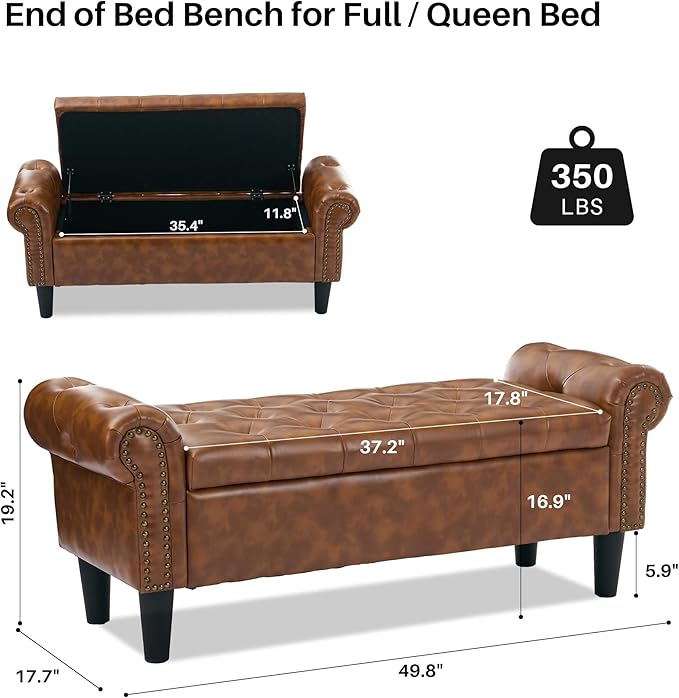 Queen End of Bed Bench with Storage, Faux Leather Tufted Button Upholstered Ottoman, Window Bench for Living Room, Entryway - Brown