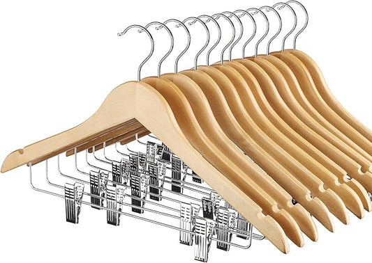 HOUSE DAY 12 Pack High-Grade Wooden Suit Hangers Skirt Hangers with Clips Solid Wood Pants Hanger Natural Smooth Finish Premium Wood Hanger with Durable Metal Clips for Blouse, Dress, Coat, Jacket