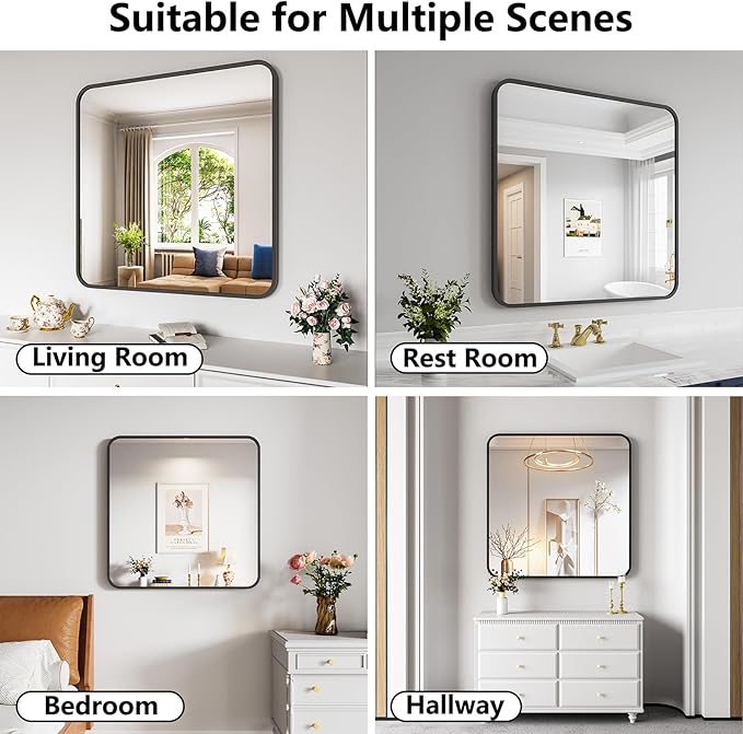 Koonmi Bathroom Mirror, 36X36 Brushed Black Metal Framed Wall-Mounted Mirror for Over Sink, HD Tempered Glass, Anti-Rust, Rounded Rectangle Mirror for Restroom, Bedroom, Hangs Horizontal or Vertical