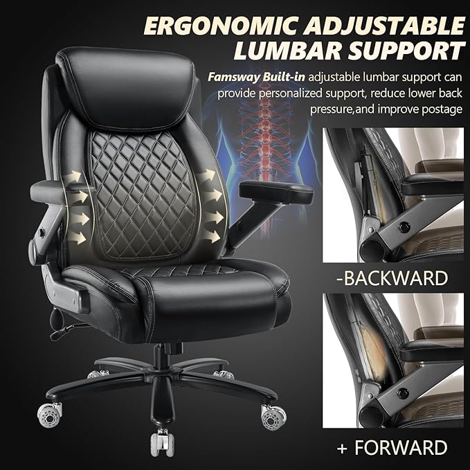 650LBS Big and Tall Office Chair with 5D Flip Arms and Thick Pocket Spring Cushion, Extra Wide Heavy Duty Office Chair with Adjustable Lumbar Support, Large High Back Computer Chair Dual Rubber Wheel