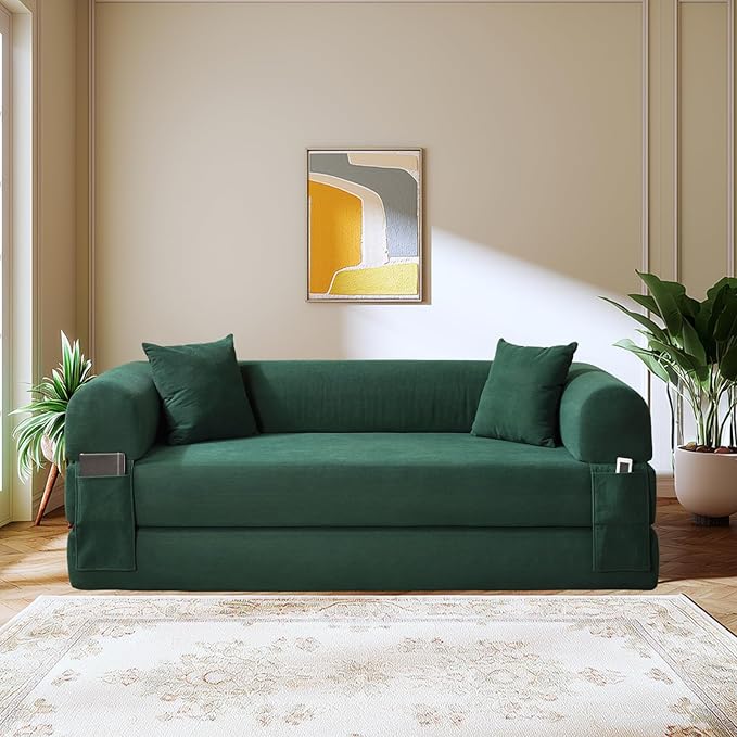 Convertible Folding Sofa Bed,80" Pull Out Couch with Pillows & Storage Pocket,Modular Futon Bed Corduroy Queen Sleeper Sofa in a Box,Compression Boneless Couch for Living Room,Deep Green