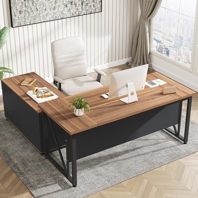 Tribesigns 63 inches Executive Desk and 47" lateral File Cabinet, L-Shaped Computer Desk Home Office Business Furniture with Drawers and Storage Shelves, Office Table,Brown and Black