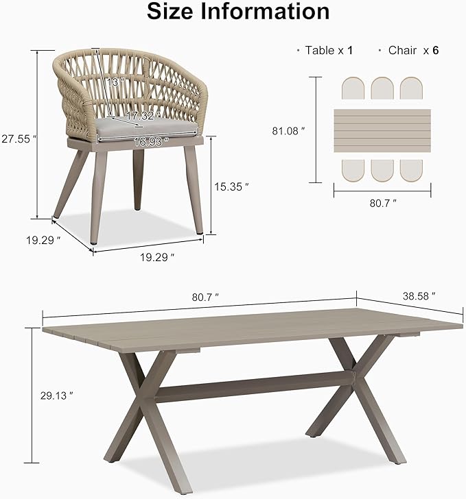PURPLE LEAF Outdoor Dining Set All-Weather PE Rattan Patio Dining Furniture Set with All Aluminum Frame Rectangular Table and 6 Chairs Set for Lawn Garden Backyard Deck, Champagne