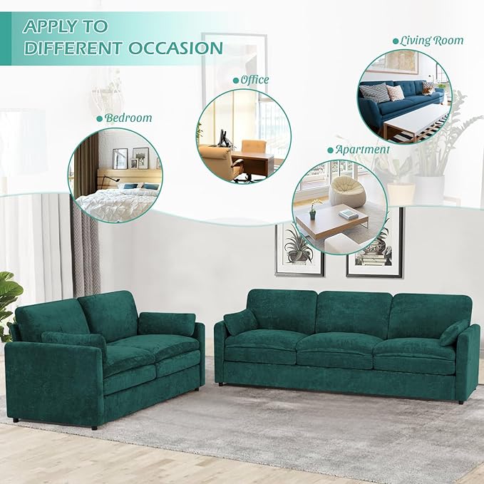 2 Pieces Chenille Sofa Set w/Arm Pillows, Upholstered Loveseat & 3 Seater Sofa w/Comfortable Back Cushions, Modern 2-Seat & 3-Seat w/High-Density Foam for Living Room, Apartment, Teal