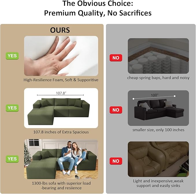 108" Cloud Sectional Couch with L-Shape Chaise,4 Seat Modern Modular Sofa with Deep Seat,Upholstered Couches for Living Room Bedroom, Boneless Couch