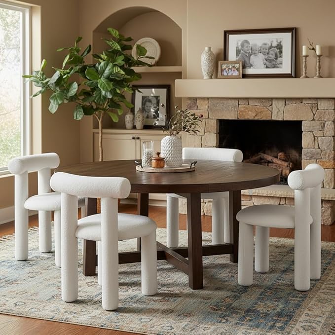 DUOMAY Modern White Boucle Dining Chairs Set of 2, Sherpa Upholstered Kitchen Chairs Armless Barrel Back Dining Chair, Living Dining Room Chairs, Reception, White