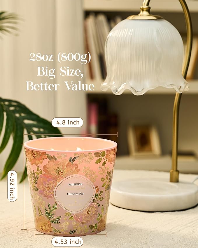 M&SENSE Cherry Pie Scented Candle, 28.2oz 3 Wick Natural Soy Wax Large Candles, Long Lasting Clean Slow Burning No Toxic Décor for Home Relaxation, Romantic Dates & Gift-Giving