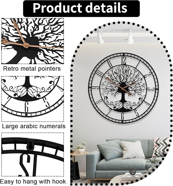 Tree of Life Wall Clock, 24inch Black Metal Wall Clock, Silent Quartz Movement, Modern Home Decor