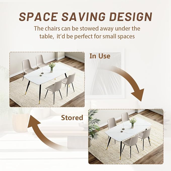 White Modern Dining Table Set for 4, 62'' Rectangular Sintered Stone Table with 4 Chairs