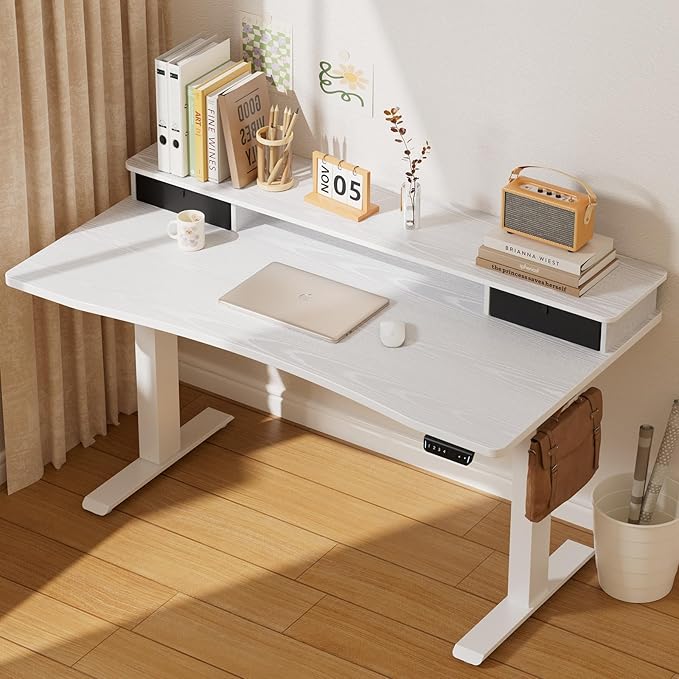 Veken 47.2"×27.6" Home Office Standing Desk with Monitor Riser, Adjustable Computer Desk with Drawers, Ergonomic Desk for Work, Study, Gaming, Crafting, White