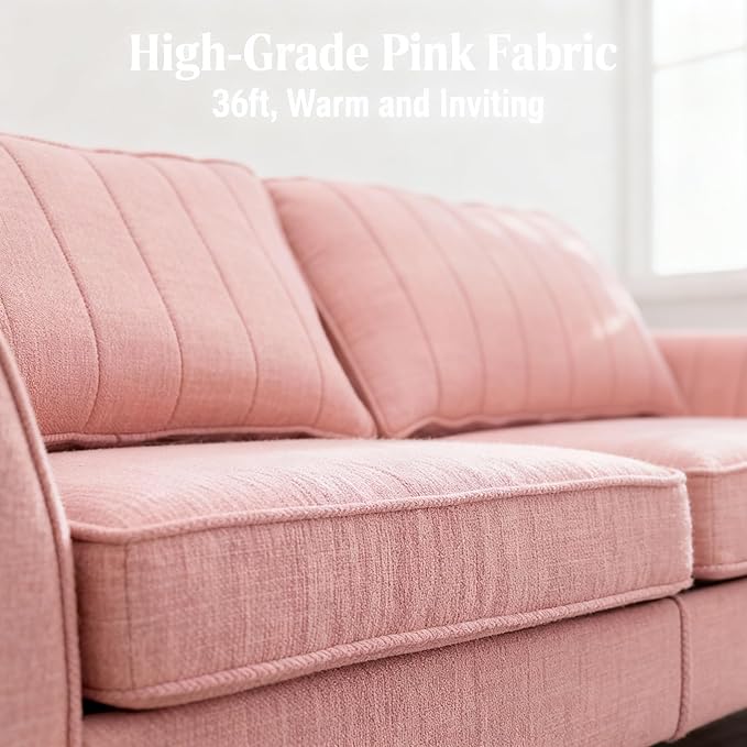 Artechworks Handmade Sofa Couch,3-Seater 76" Wide W/Warm Style Linen, Modern Chic Classic Mid-Century Fusion Stylish French Piping Design Sofa Couch for Living Room Apartment Lounge,Reception,Pink