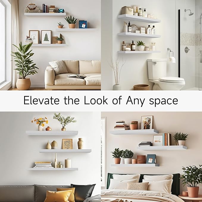 BAYKA White Floating Shelves for Wall, 36 inches Wall Mounted Rustic Wood Shelves for Bathroom, Bedroom, Living Room, for Book/Storage/Decor（Set of 3）