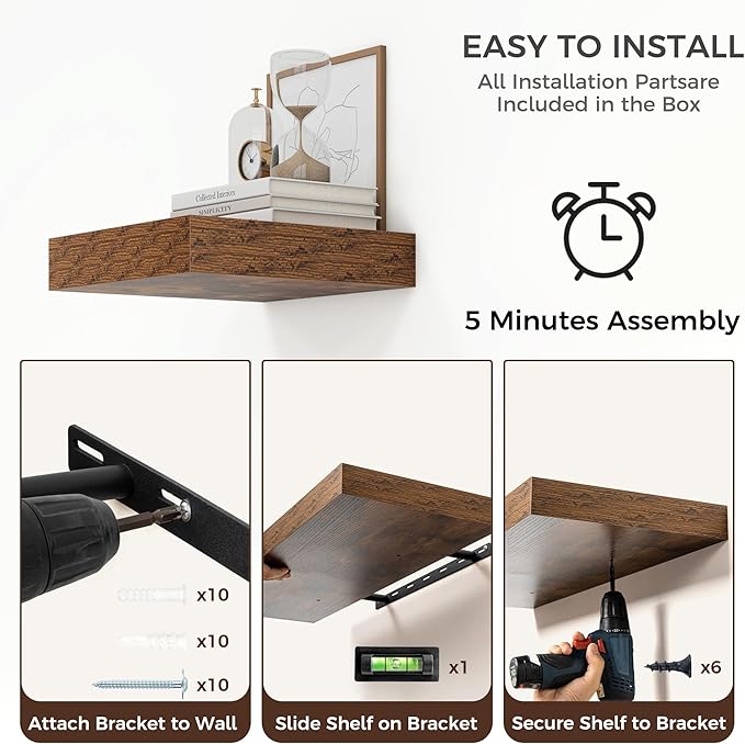 Square Floating Shelves for Wall, 12" W x 12" D x 2" H, 2 Pack of Small Wall Mounted Engineered Wood Shelves with Invisible Brackets for Living Room, Bedroom, Bathroom, Kitchen Decor, Brown