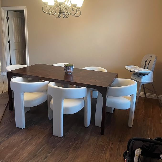 Set of 6 Modern Linen Fabric Upholstered Dining Chairs with Open-Back, Cute Barrel Side Chairs Kitchen Armchair Accent Chairs for Dining Room Bedroom, Ivory