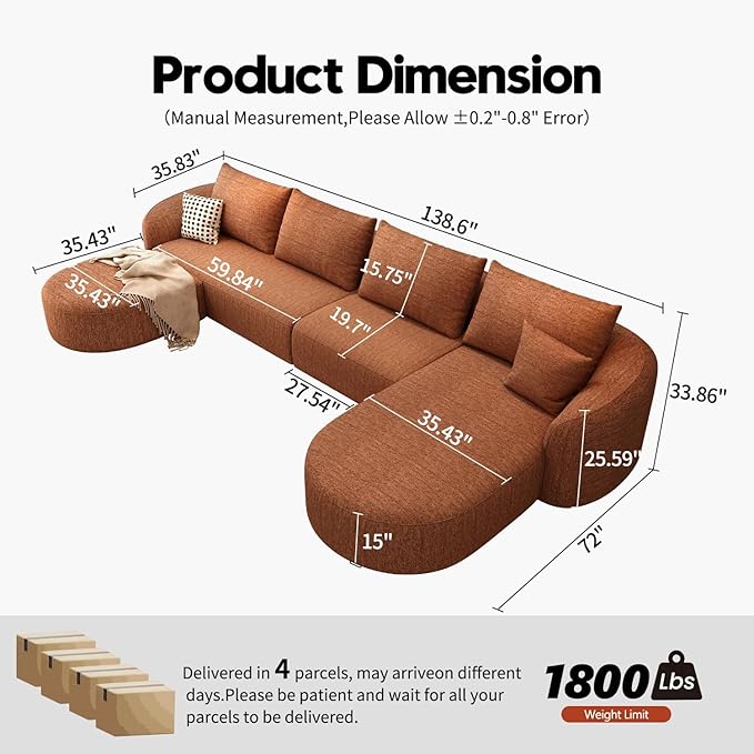 138.6" Modular Sectional Couches Luxury Modern Curved Back U-Shape Sofa Set with Ottoman,Minimalist Comfy Boneless Cloud Couch for Living Room Apartment,(Right Facing Chaise,Orange)