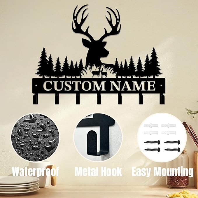 Personalized Custom Name Forest Deer Wall Keys Hooks,Metal Forest Deer Art Clothes Hooks,Metal Forest Deer Wall Home Storage Decorative,For Front Door, Hallway, Kitchen, Bedroom,Keys,Hats (Style A)
