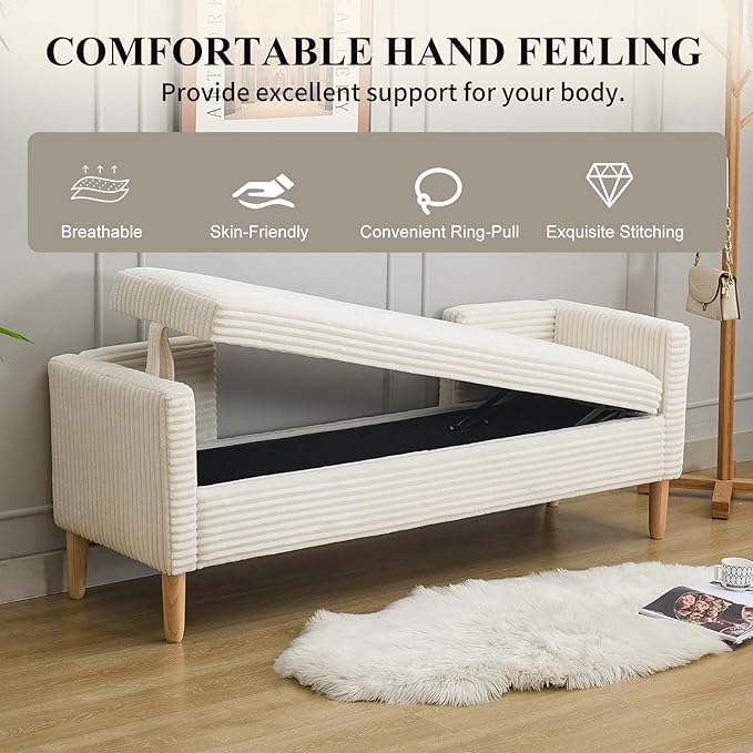 NIOIIKIT 65" Large Storage Ottoman Bench with 2 Pillows, Corduroy Upholstered Entryway Bench with Wood Leg, End of Bed Bench with Straight Armrest, Window Bench for Bedroom, Entryway (White)