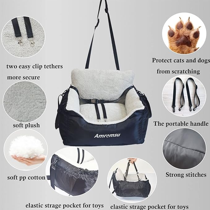 Small Dogs Car Seat,Fully Detachable and Washable Ultra Soft Car Travel Bed, with Clip-on,Two Portable Handle and Storage Pockets Puppy Dog Booster Seats,Portable DogCar Travel Carrier Bed