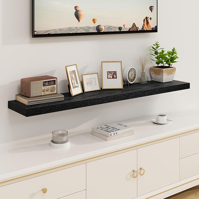 Fun Memories Deep Black Floating Shelves, 8 Inch Deep Floating Shelf for Wall, Rustic Black Wall Shelves 55 Inch Long, Large 55 x 8 Storage Shelves for Living Room, Bedroom, Kitchen