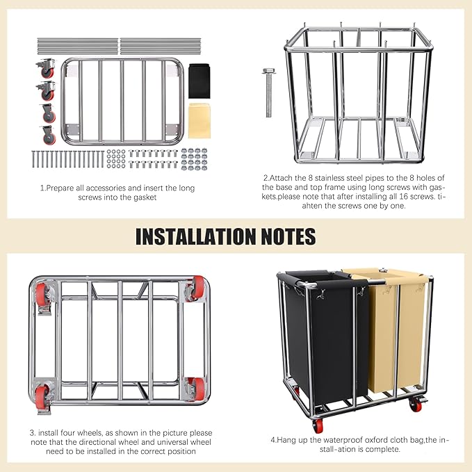 Commercial Laundry Cart with Wheels, 400L 2-Section Large Lanudry Hamper with Wheels, Heavy-Duty Rolling Laundry Cart with Silent Rubber & Waterproof Oxford Bags (Black Beige)