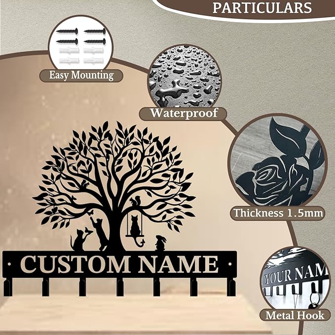Life Tree Key Hook - Customized Metal Wall Organizer with Name Engraving, Black Iron Home Decor for Themed Collectors (Style A)