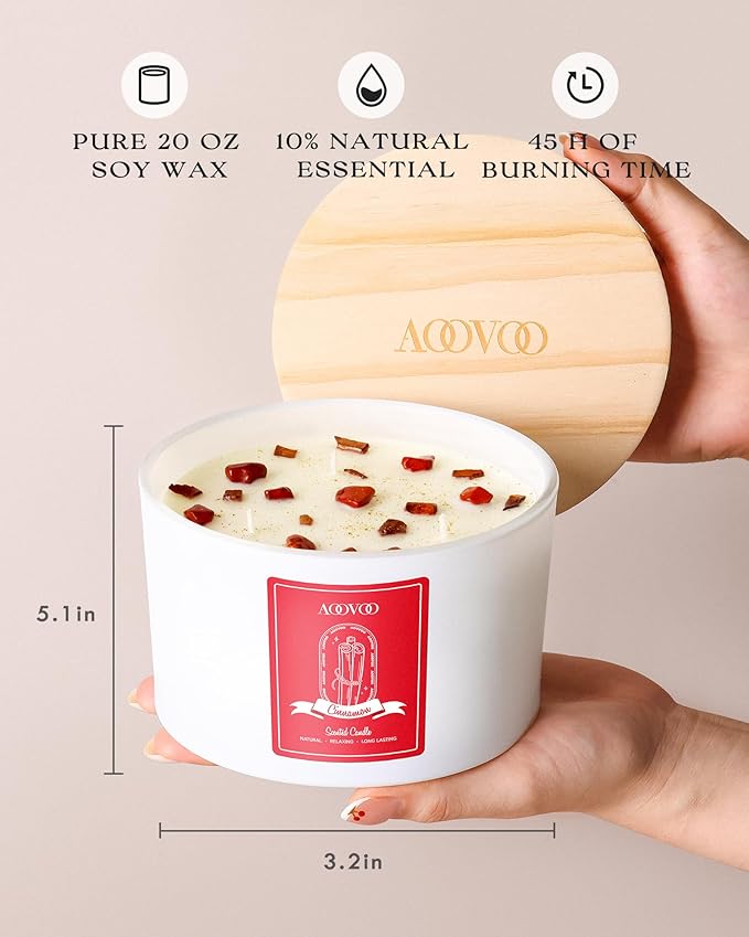 AOOVOO Apple Cinnamon Scented Candles for Women - 20oz 3 Wick Soy Candles for Home Scented, Aromatherapy Candle with Crystals Inside, Birthday Gifts Christmas Candle for Women Mom