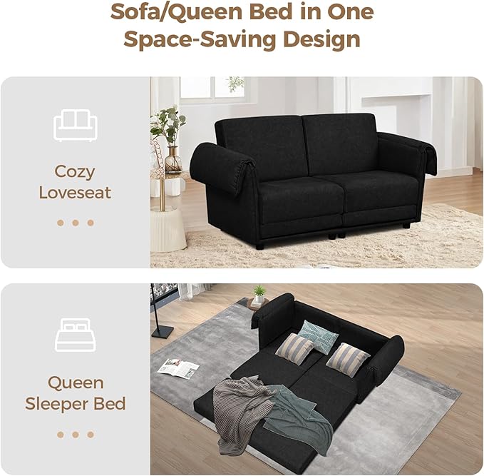 FHFO 65" Loveseat Sleeper Couch for Small Spaces, 3 in 1 Pull Out Sofa Bed Convertible Sleeper Sofa Comfy Sofabed for Living Room, Bedroom, Apartment (Black)