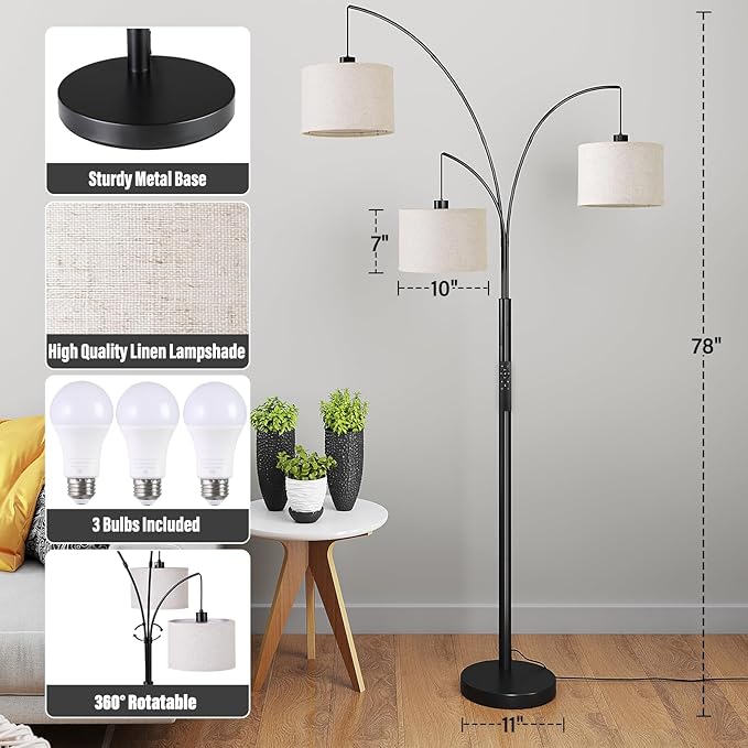 SUNMORY 3 Lights Floor Lamp with Remote Control and 3 Stepless Dimmable Bulbs, 78" Tall Standing Lamp with Hanging Drum Shade & Heavy Base, Modern Arc Floor Lamps for Living Room, Bedroom, Office