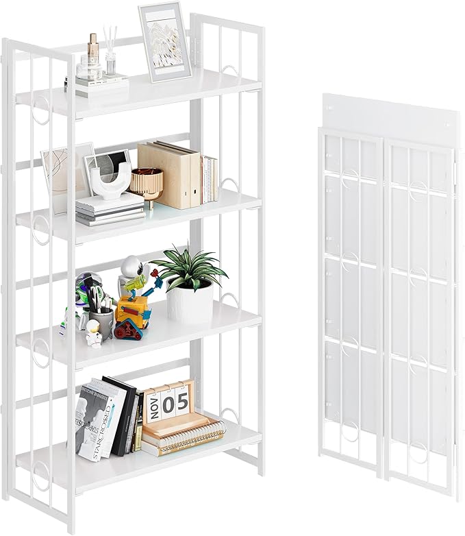 4NM No Assembly 4 Tiers Folding Bookshelf, 47.2" H Foldable Storage Shelves Vintage Bookcase Standing Racks Study Organizer Home Office - All White