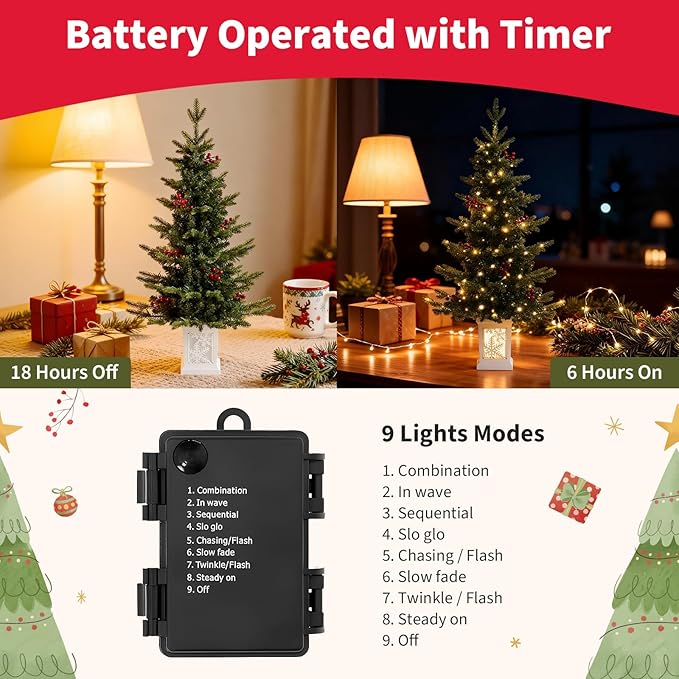 Small Pre-Lit Christmas Tree with LED Lights - 3.5FT Ariticifial Tree with Snowflake Base, Battery Operated & Auto Timer for Home Office Xmas Decor