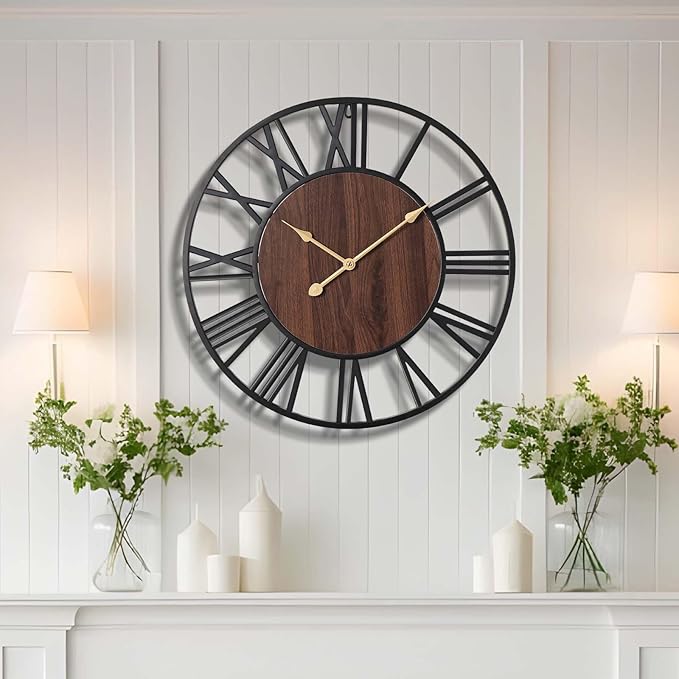 Vantic 24 Inch Large Wall Clock, Roman Numeral Wood Oversized Wall Clocks for Living Room Decor, Farmhouse, Bedroom and Kitchen, Completely Silent, Non Ticking, Battery Operated